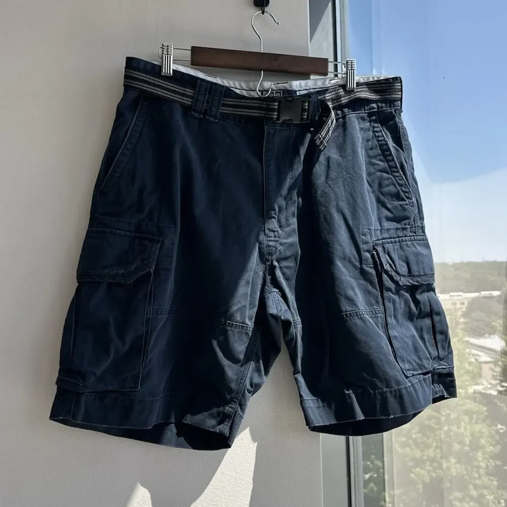 Polo Ralph Lauren Men's Blue Cotton Cargo Shorts Solid Flat Front Button 38